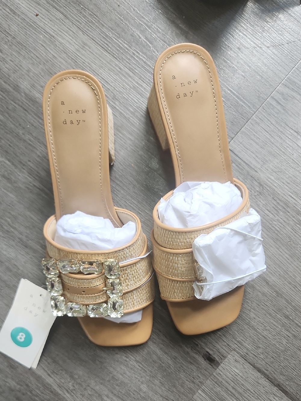 a new day Tan Jeweled Raffia Slide Heels